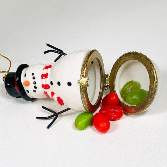 Snowman Stick Arms Porcelain Hinged Surprise Gift Trinket Box Christmas Ornament - Picture 2 of 4